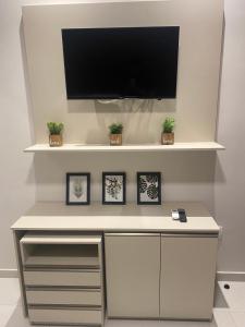 a desk with a tv on a wall with plants at Origem in Mamanguape