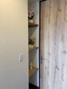 a door to a room with shelves with flowers on it at Apartamento Entero Hermosa Vista in Bogotá