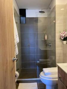 a bathroom with a toilet and a glass shower at Apartamento Entero Hermosa Vista in Bogotá