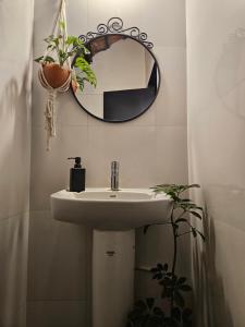 a bathroom with a sink and a mirror at beNomadic Eco Hostel, Madikeri, Coorg in Suntikoppa