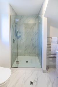 a bathroom with a glass shower with a toilet at Central Charm 2 bed 2 bath w/ sunny Balcony in Christchurch