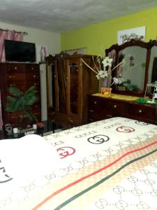 a bedroom with a bed and a dresser and a mirror at Silver Lining in Spanish Town
