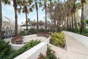 une passerelle avec bancs et palmiers, dans l'établissement ULTIMATE OCEANFRONT - Soul Apartments - Self Contained, Privately Managed, à Gold Coast