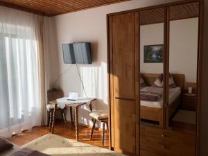 a bedroom with a mirror and a desk with a bed at Gästehaus Wasserburger in Kernhof