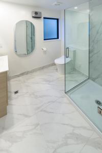 クライストチャーチにあるTuam Street delight 4 bed 4 bath with Carparkのバスルーム(ガラス張りのシャワー、トイレ付)