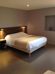 a bedroom with a large bed with a wooden headboard at Le Relais des Bergers in Saint-Martin-en-Haut
