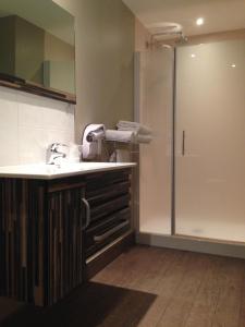 a bathroom with a sink and a shower at Le Relais des Bergers in Saint-Martin-en-Haut +32 photos
