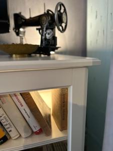 a sewing machine sitting on top of a shelf with books at Bonvivan House in Diminići