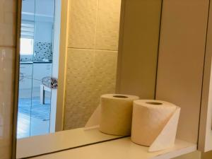 two rolls of toilet paper sitting on a counter in a bathroom at Airplane Plaza in Otopeni