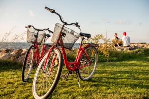 zwei Fahrräder, die im Gras in der Nähe des Wassers geparkt sind in der Unterkunft Merevaatega majutus Kärdla sadamas in Kärdla