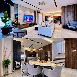 two images of a living room and a dining room at SKVilla private pool+ktv+bbq+starview up to 35pax in Ayer Keroh