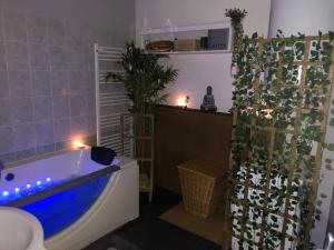 a bathroom with a tub with blue lights in it at Appartement spacieux in Flize