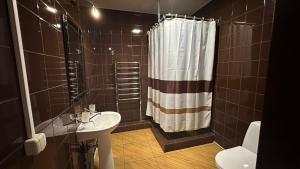 a bathroom with a sink and a shower curtain at Садиба Буланово in Bulanove