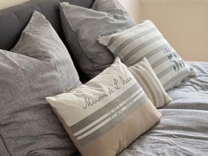 a gray couch with pillows on top of it at Ferienwohnung De ole School mit eigener Sauna! in Fehmarn