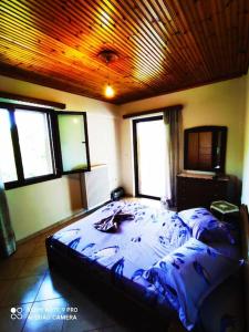 - une chambre avec un lit dans une pièce dotée de fenêtres dans l'établissement THE BEST VIEW Of arini village, à Zakharo
