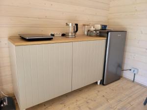 una cucina con bancone e frigorifero di Veldemani suvemajakesed a Vaibla