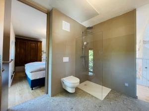 ein Bad mit einer Dusche, einem WC und einem Bett in der Unterkunft Der Turm Leiben Apartments in Leiben