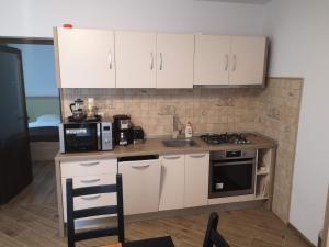 a kitchen with white cabinets and a sink and a stove at Eva's Little House - Acasă la Tăticul Albinelor in Şinca Veche