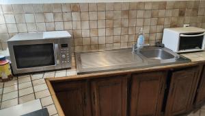 a kitchen counter with a microwave and a sink at Hôtel Les 4 Chênes in Pontault-Combault