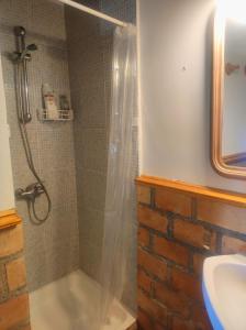 a bathroom with a shower and a sink at Casita Roja sin cocina in Cercedilla +8 photos