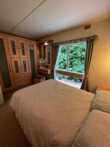 Lawford的住宿－Dedham Lodge，一间卧室设有一张大床和一个窗户。