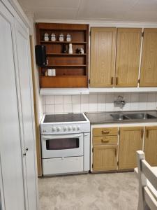 uma cozinha com um fogão branco e um lavatório em Bo i Trelleborg em Trelleborg