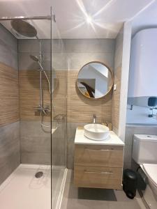 La salle de bains est pourvue d'une douche, d'un lavabo et d'un miroir. dans l'établissement Sacré appartement/Jardin/Parking/Wifi, à Rodez