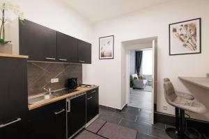 een keuken met zwarte kasten, een wastafel en een aanrecht bij #16 Relax Apartment Prater/Messe in Wenen