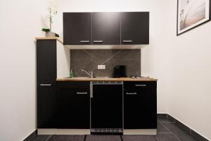 - une cuisine avec des placards noirs et un évier dans l'établissement #16 Relax Apartment Prater/Messe, à Vienne