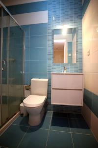 a bathroom with a toilet and a glass shower at Charming House - Santarém in Santarém