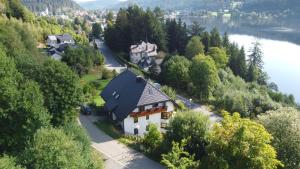 eine Luftansicht eines Hauses auf einem Hügel neben einem See in der Unterkunft Ferienwohnungen DaHeim Titisee in Titisee-Neustadt