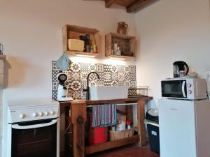 a small kitchen with a microwave and a refrigerator at chez Marie et Lulu 