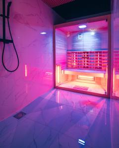 a room with a shower with pink lights at Villa Gall in Český Krumlov