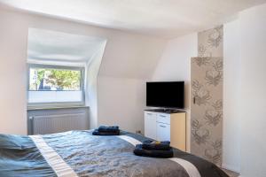 a bedroom with a bed and a flat screen tv at Ferienhaus Ihme in Sande