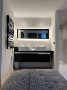 a bathroom with a sink and a large mirror at Charmant appartement au look design in Mons