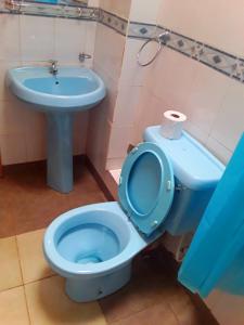 a bathroom with a blue toilet and a sink at New Kitisuru A in Nairobi