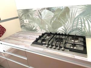um forno com placa de fogão sentado em cima de um balcão de cozinha em Villa Popilia Sea&Business Blue em Rimini