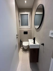 een badkamer met een wit toilet en een spiegel bij Spacious 2bdr apartment @ Pagrati in Athene