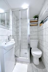 uma casa de banho com um chuveiro, um WC e um lavatório. em Cozy Studio retreat in Vibrant Crystal Palace, em Upper Norwood