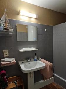 La salle de bains est pourvue d'un lavabo et d'un miroir. dans l'établissement Warr'in Durbuy, à Durbuy