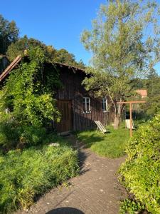 a barn with a tree and a path next to it at Mon refuge en Vasgovie in Meisenthal