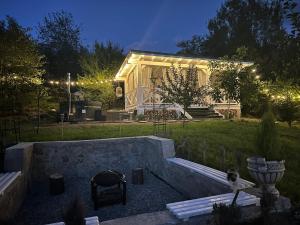 a house with a fire pit in a yard at night at Villa Monica in Lupeni