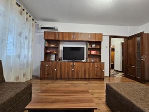 a living room with a tv on a wooden entertainment center at Cosy apartment close to City Center with parking lot in Bucharest