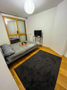 - un salon avec un lit et un tapis noir dans l'établissement T3 -4 km Aéroport Orly-proche T7, à Rungis