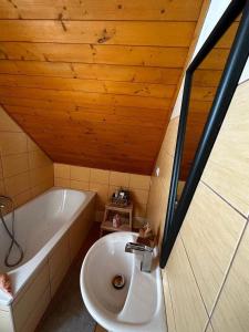ein Badezimmer mit einem weißen Waschbecken und einer Badewanne in der Unterkunft Chalupa v Oblacích in Jindřichov