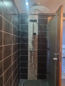 uma casa de banho com um chuveiro com azulejos pretos em Studio Lillois em Bois le Duc