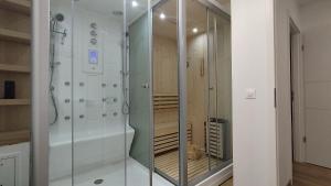 een douche met een glazen deur in de badkamer bij Chalet Le Refuge in Vaujany
