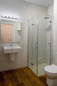 a bathroom with a shower and a toilet and a sink at ALOJAMIENTOS TAJO INTERNACIONAL in Alcántara