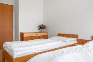 a room with two beds and a vase of flowers at Hostel Beskydy in Rožnov pod Radhoštěm