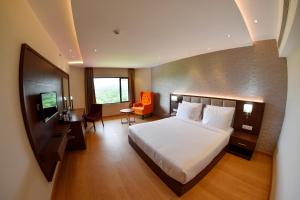ein Hotelzimmer mit einem Bett und einem TV in der Unterkunft THE PEARL VIEW HOTEL in Mulappilangād